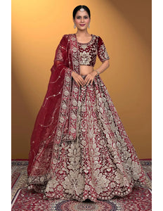 Maroon Velvet Lehenga Choli With Net Dupatta For Women - Gajiwala
