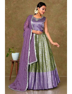 Mehendi Banarasi Long Gown With Dupatta For Women - Gajiwala
