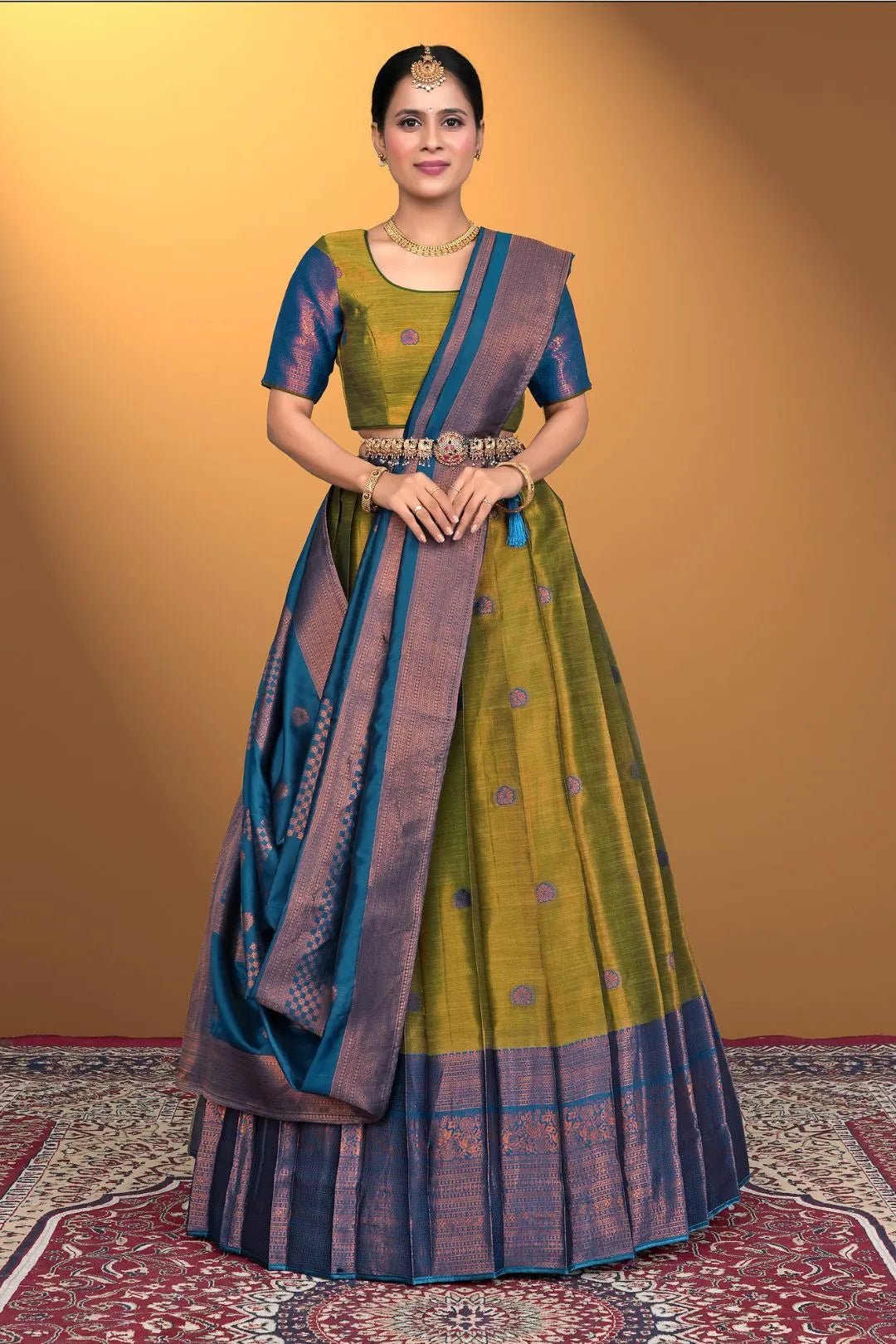 Mehendi Banarasi Pattu Half Saree With Zari Woven - Gajiwala