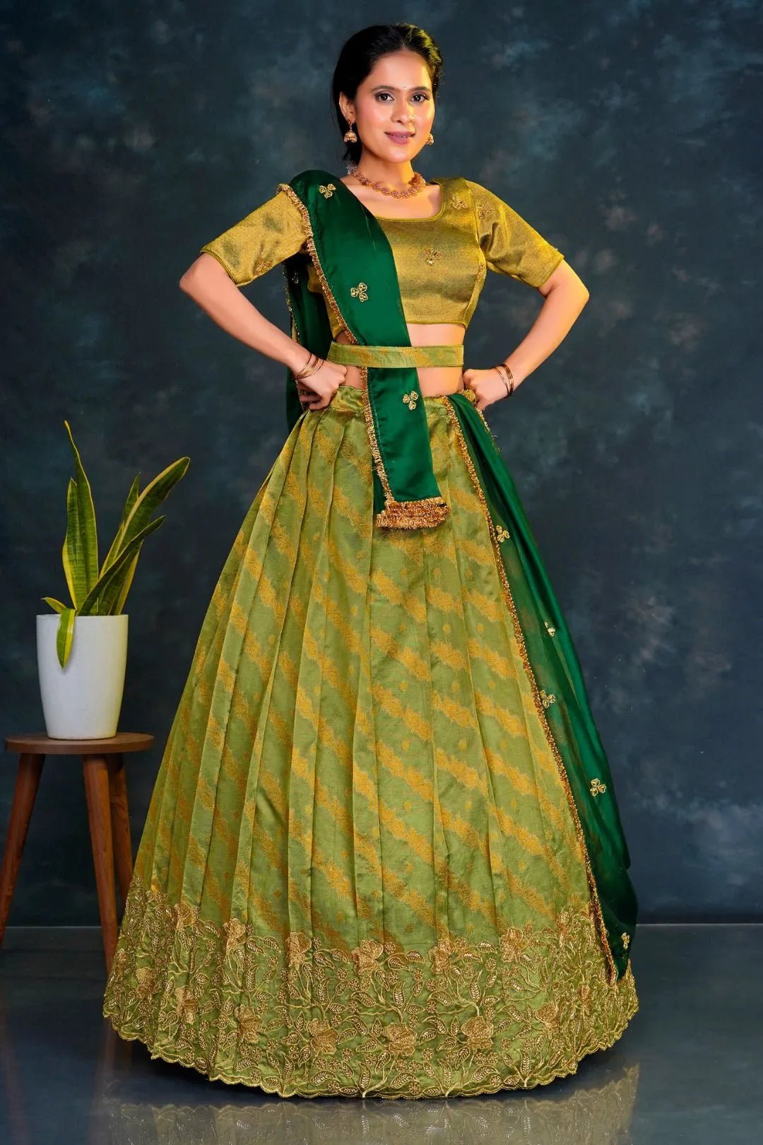 Mehendi Tissue Silk Lehenga Choli With Zari Woven - Gajiwala