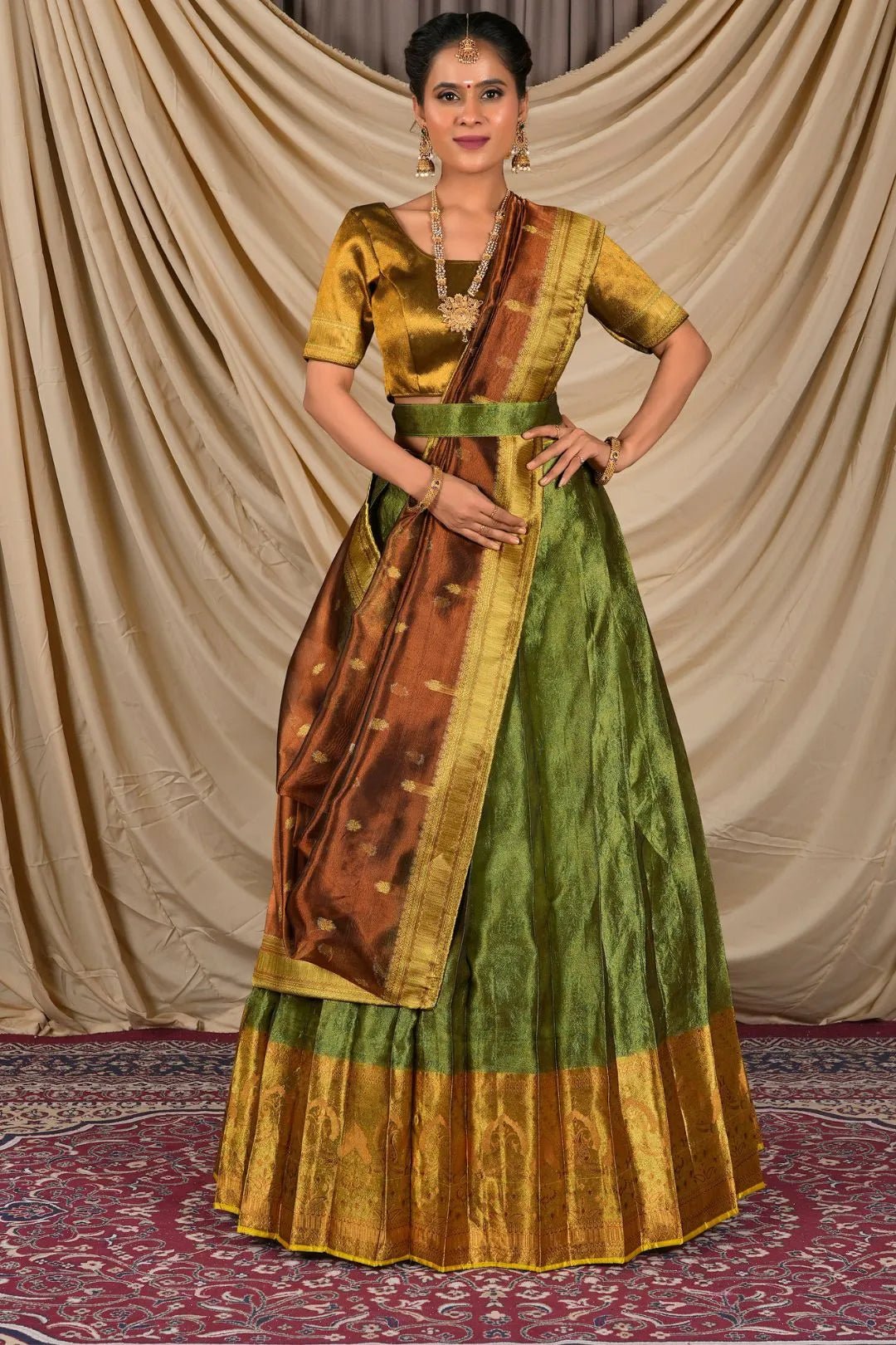 Mehendi Tissue Silk Pattu Lehenga Choli For Women - Gajiwala