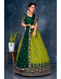 Mehendi Viscos Muslin Lehenga With Green Dupatta - Gajiwala