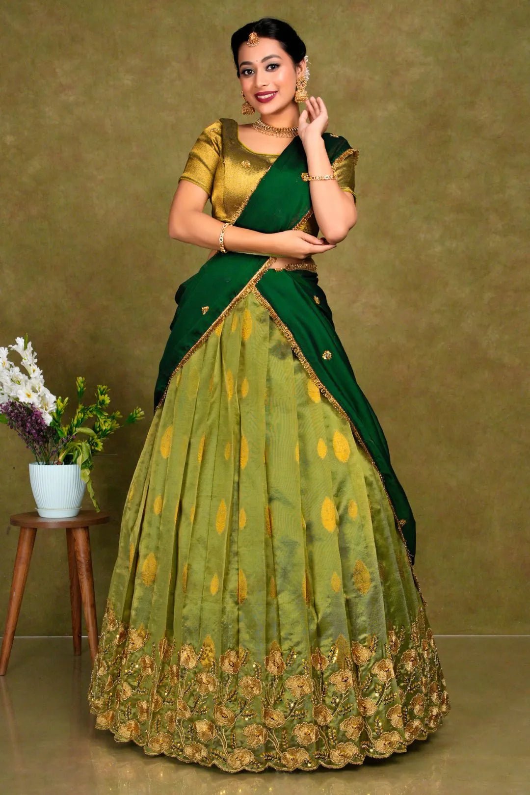 Mehendi Zari Woven Tissue Silk Lehenga Choli For Women - Gajiwala