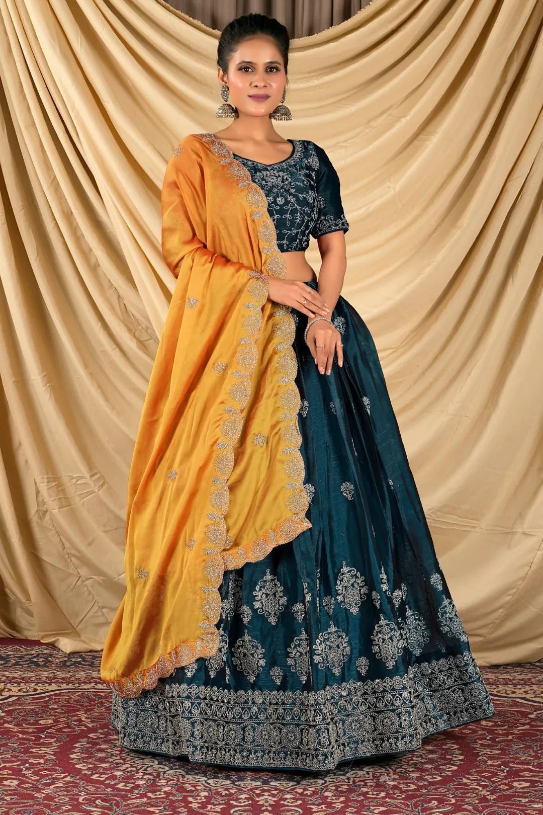 Morpich Barbery Silk Lehenga Choli With Rangoli Dupatta - Gajiwala