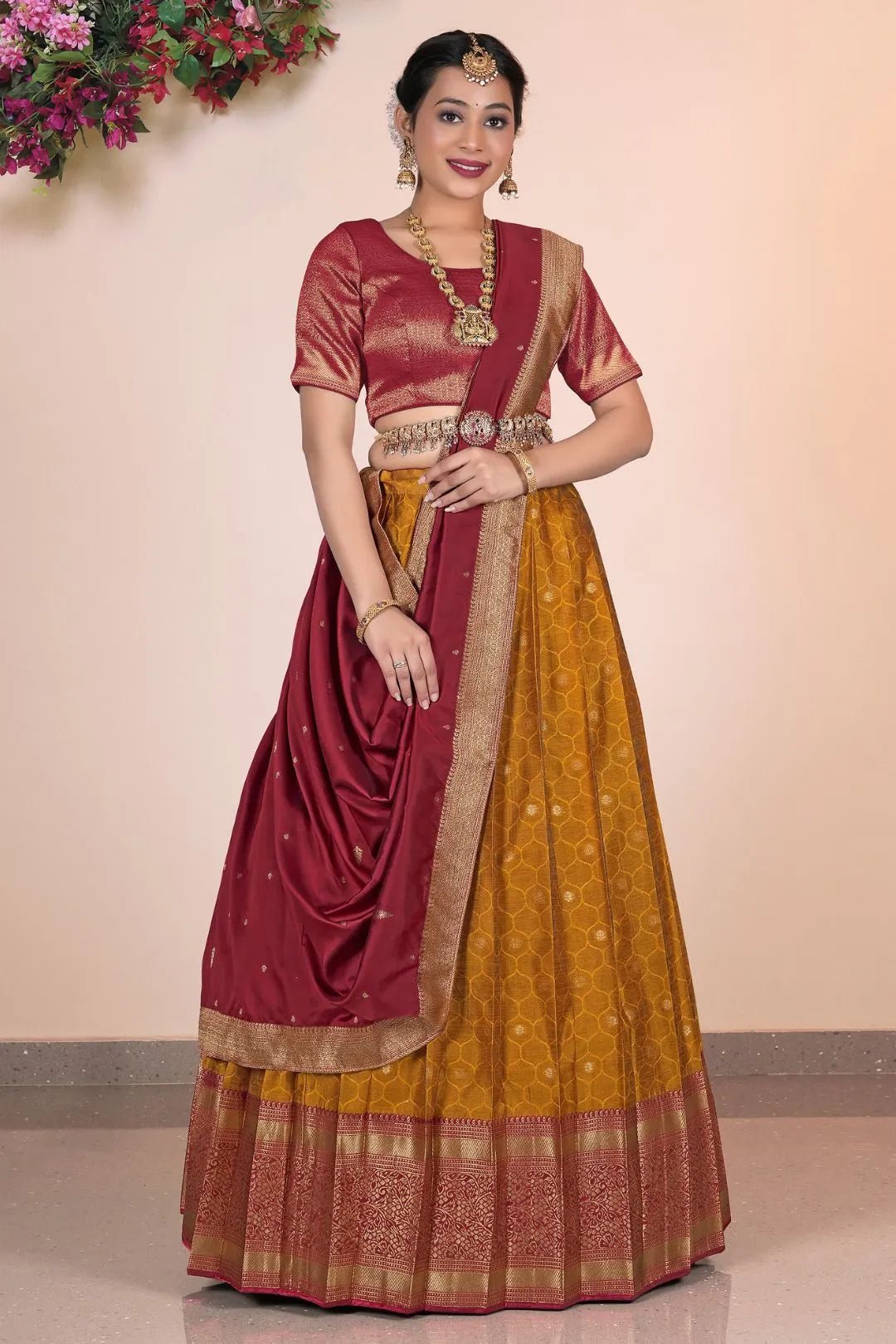 Mustard Banarasi Pattu Pavadai For Women - Gajiwala