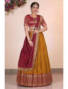 Mustard Banarasi Pattu Pavadai For Women - Gajiwala