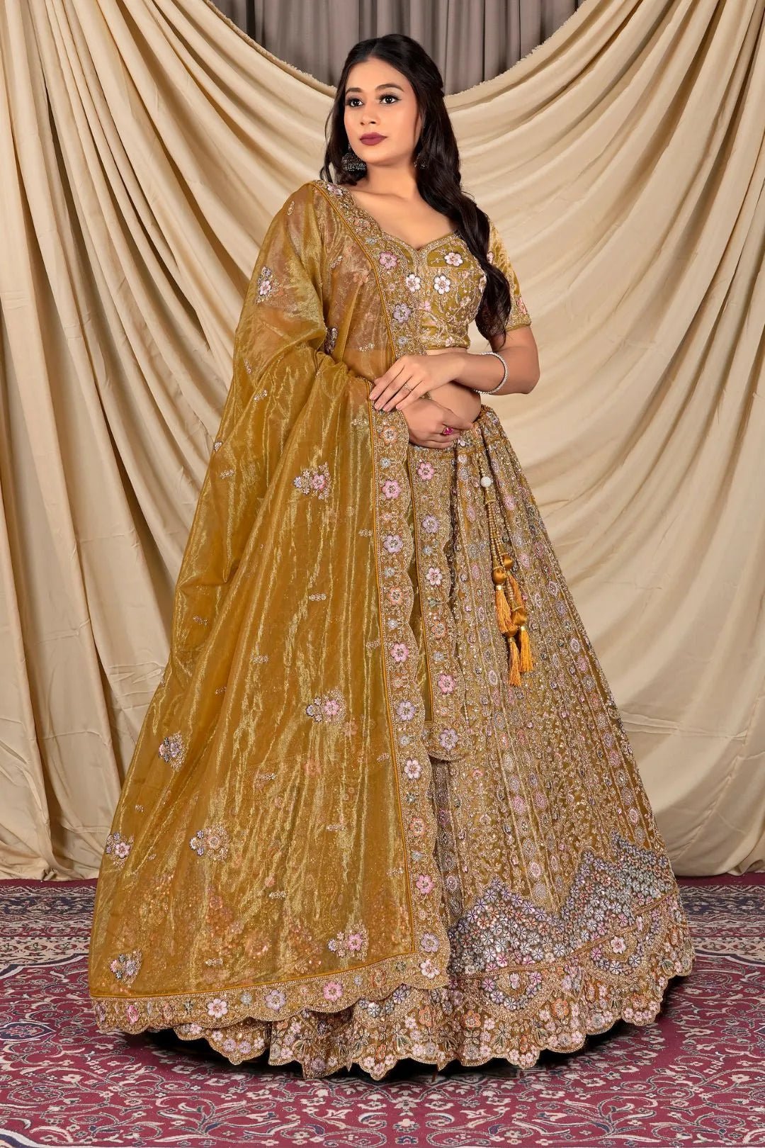 Musterd Party Wear Embroidered Twill Net Lehenga Choli For Women - Gajiwala