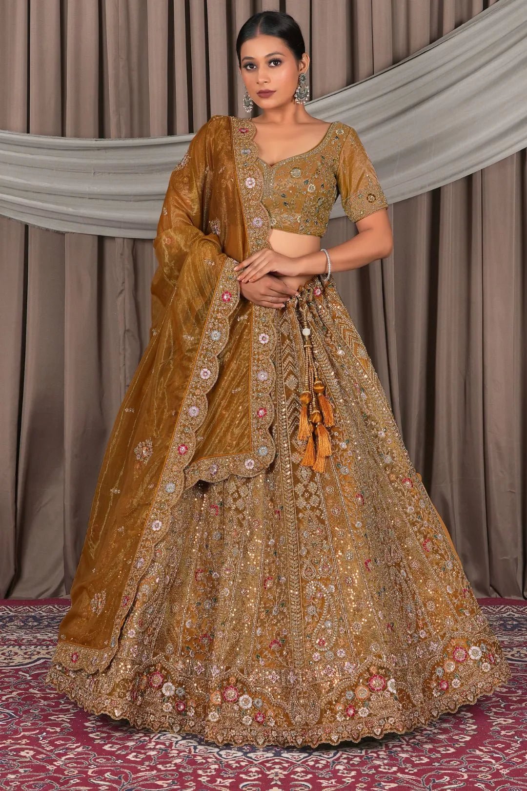 Musterd Party Wear Embroidered Twill Net Lehenga Choli For Women - Gajiwala