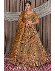 Musterd Party Wear Embroidered Twill Net Lehenga Choli For Women - Gajiwala