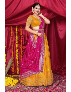 Musterd Viscose Jacquard Pattu Lehenga Choli With Zari Work - Gajiwala