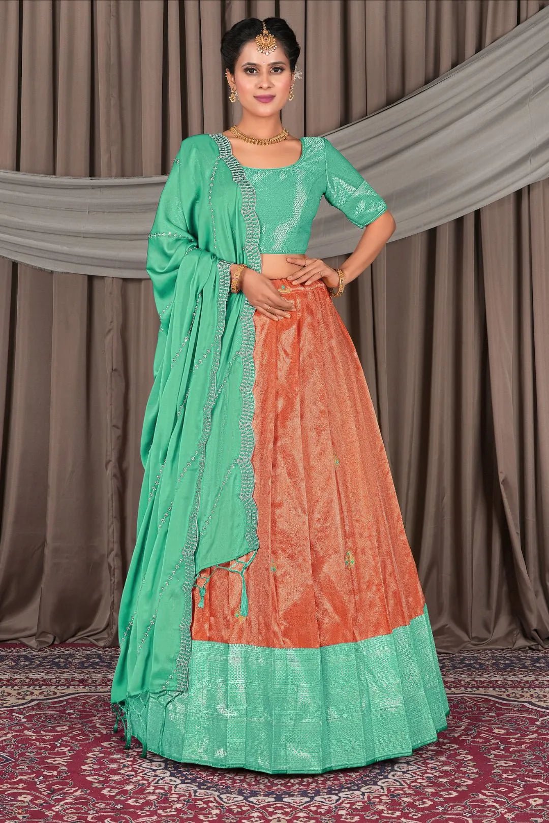 Orange Banarasi Silk Lehenga Choli In Festival - Gajiwala