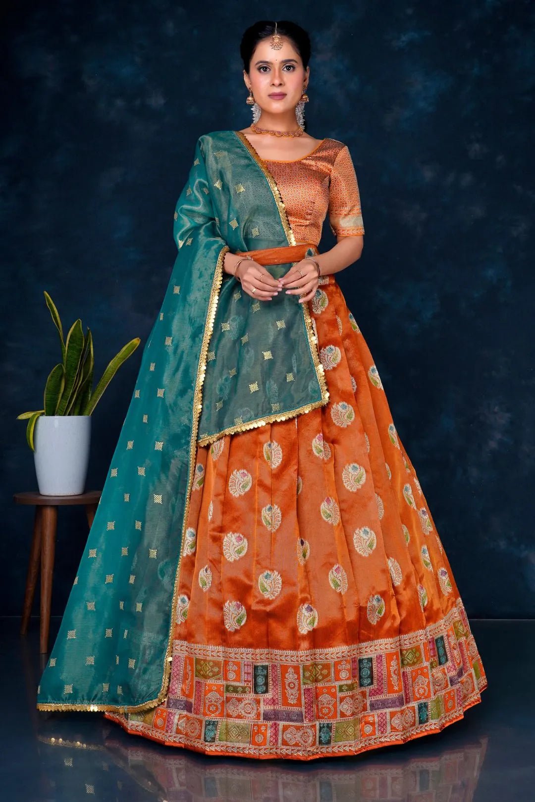 Orange Digital Print Banarasi Half Saree Set For Women - Gajiwala