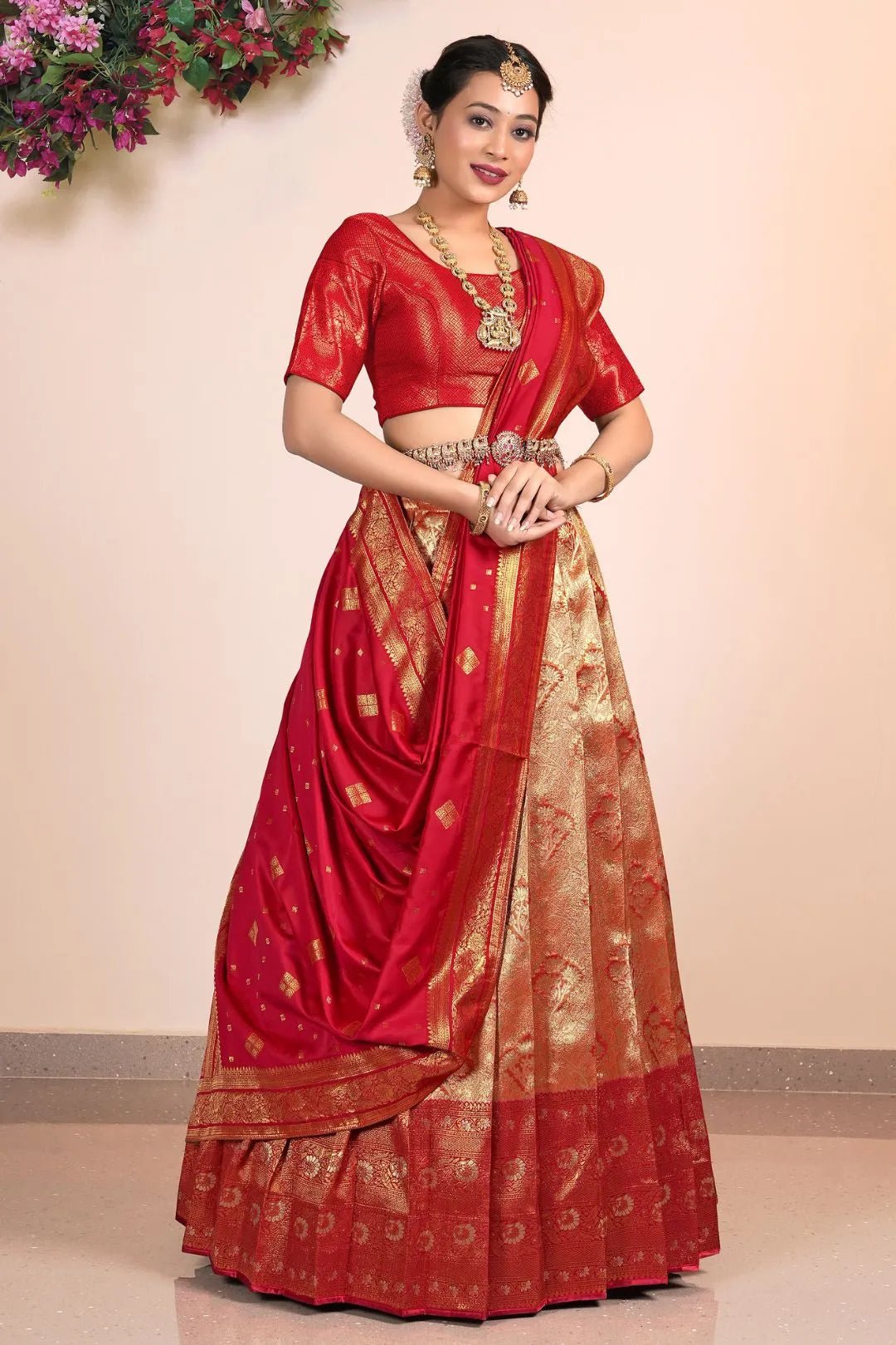 Orange Red Banarasi Silk Lehenga Choli Design - Gajiwala