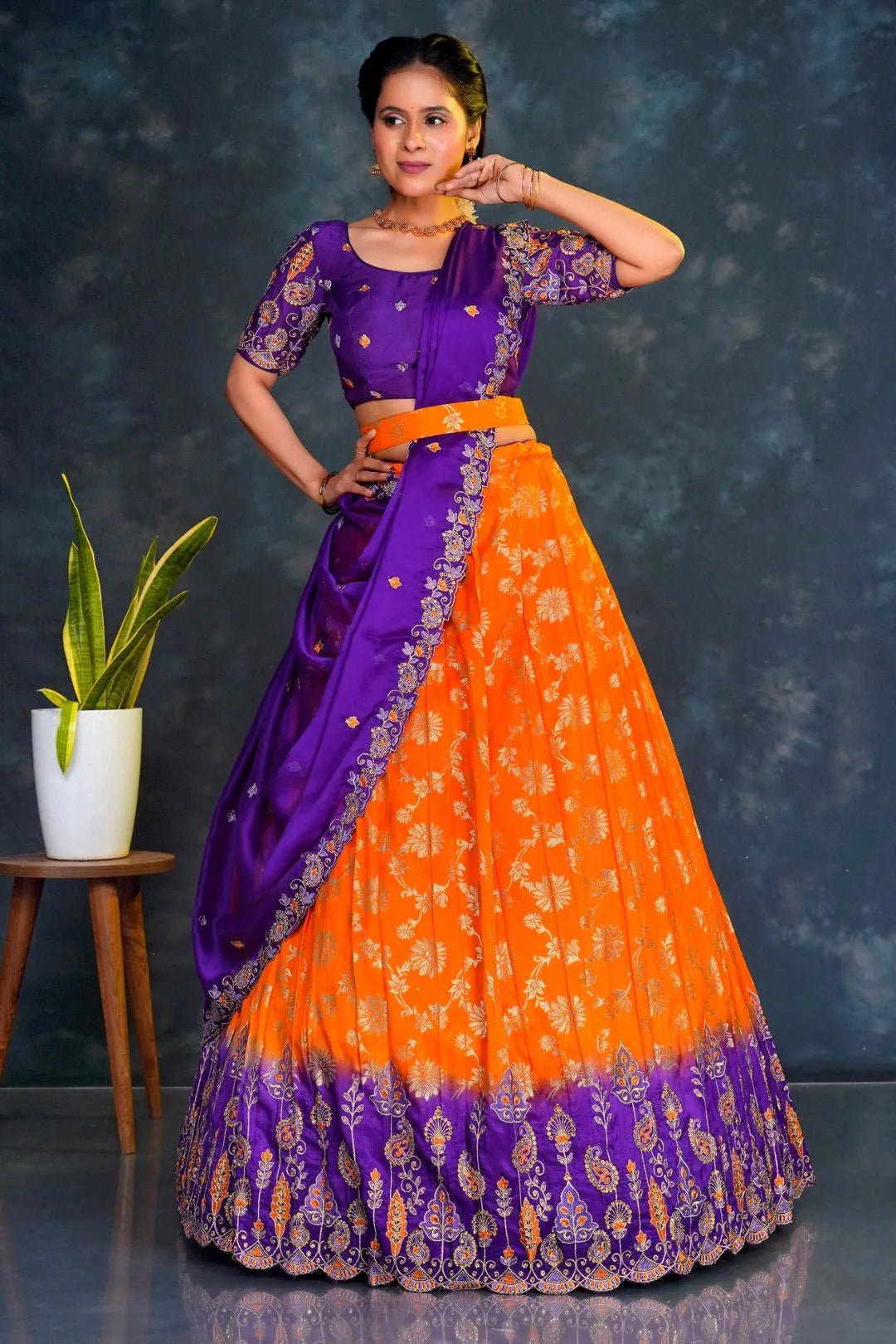 Orange Viscos Muslin Lehenga With Purple Dupatta - Gajiwala