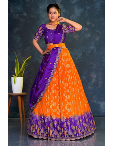 Orange Viscos Muslin Lehenga With Purple Dupatta - Gajiwala