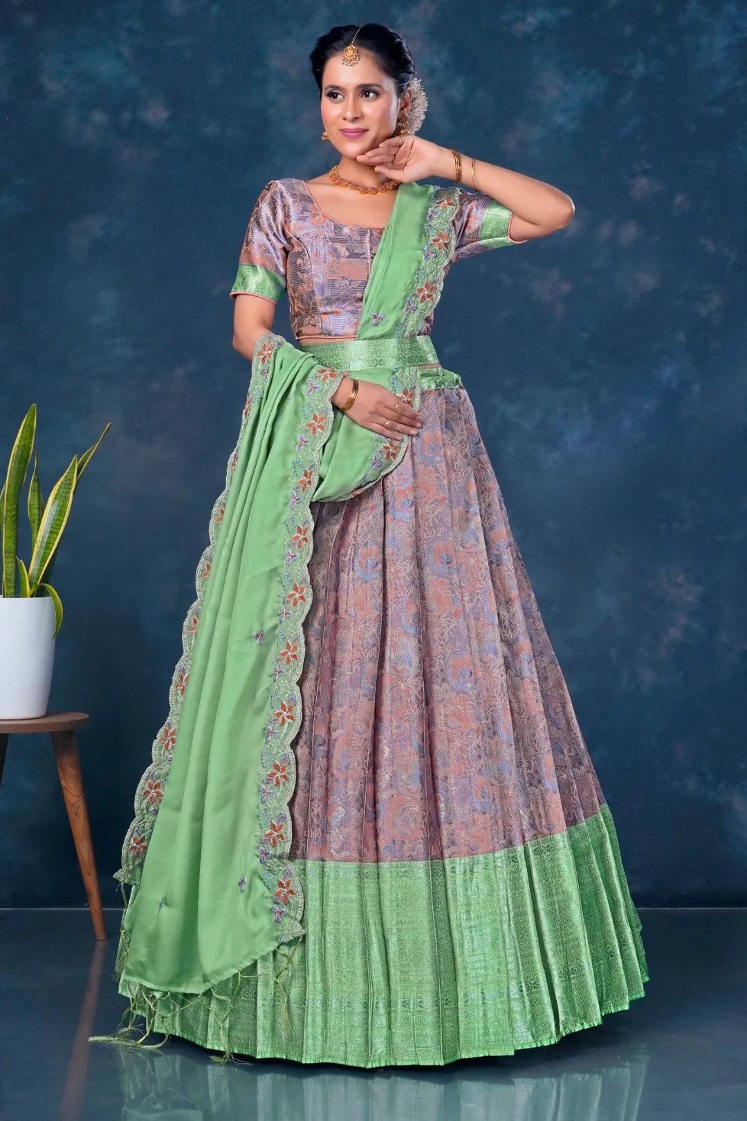 Peach Banarasi Lehenga Choli With Pista Dupatta - Gajiwala