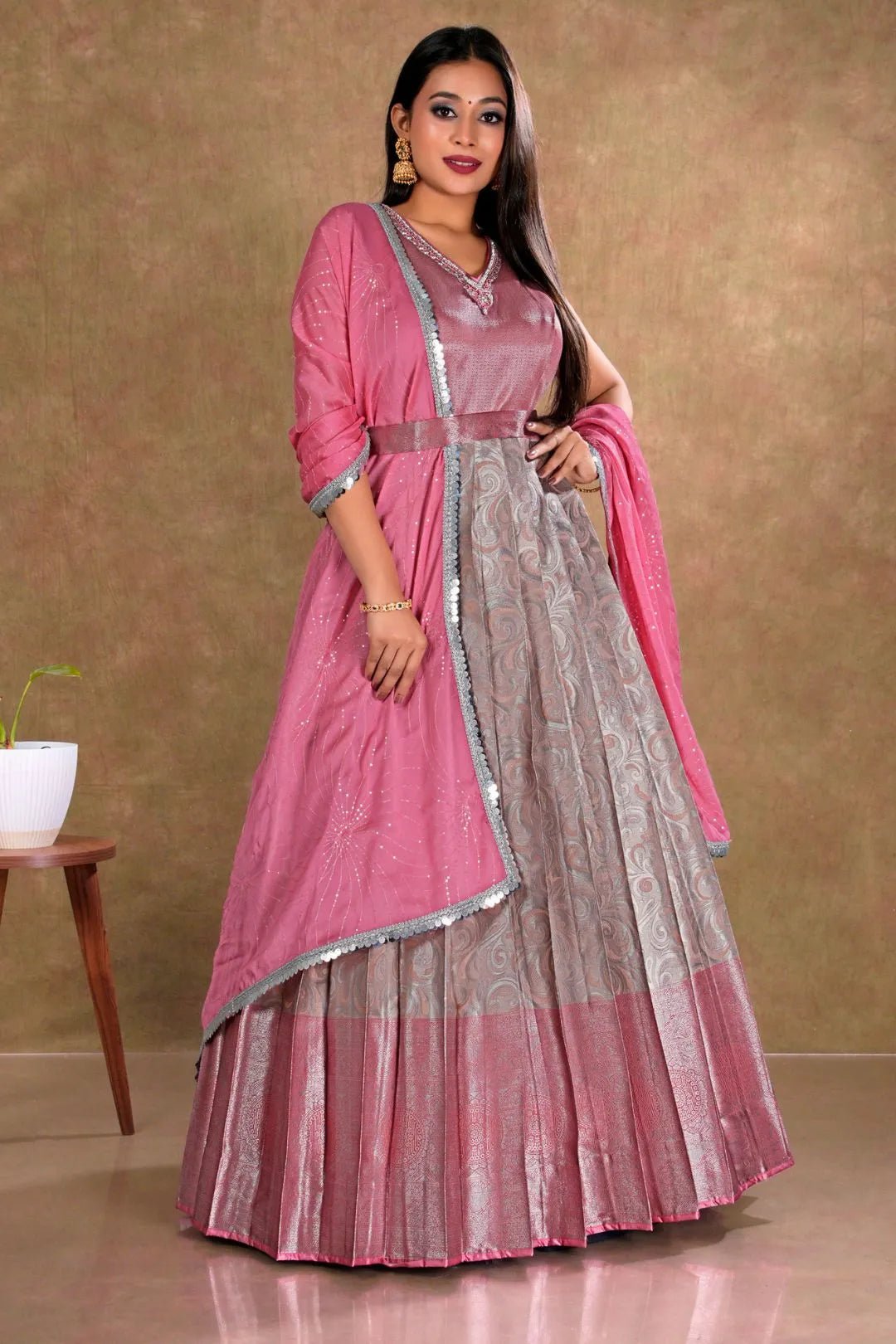 Peach Banarasi Long Dress with Zari work for Women - Gajiwala