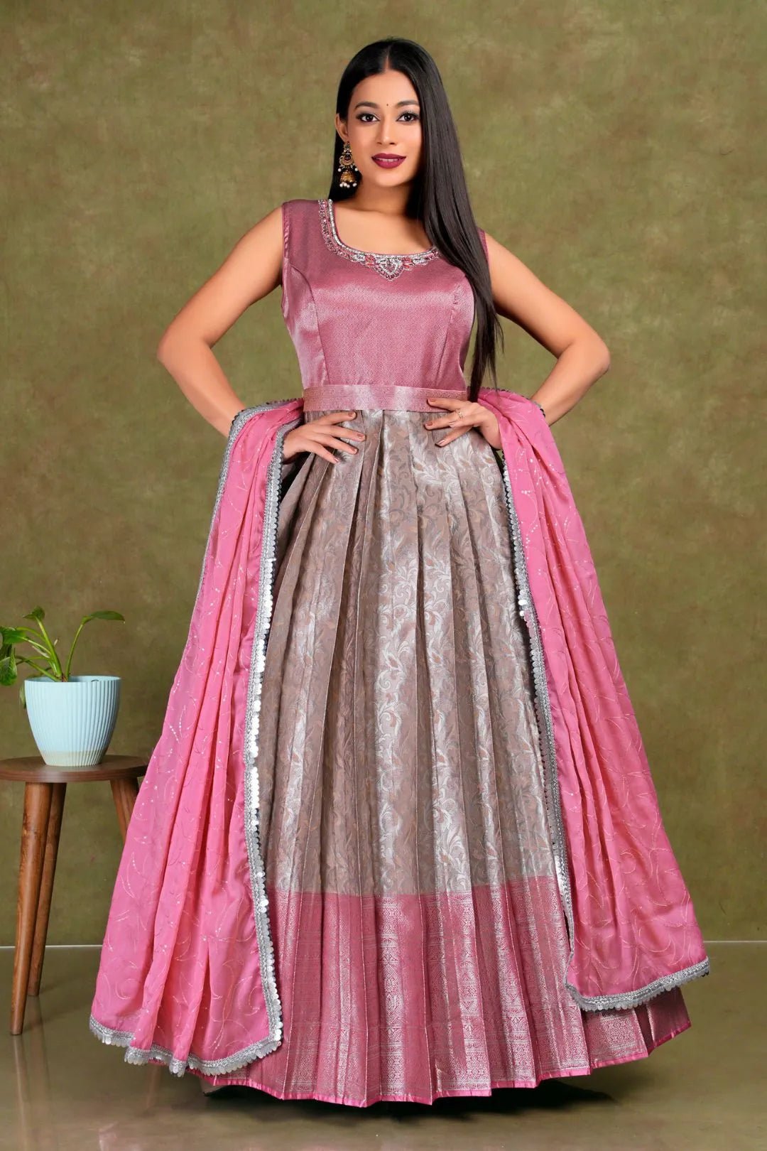Peach Banarasi Long Frock With Dupatta For Women - Gajiwala