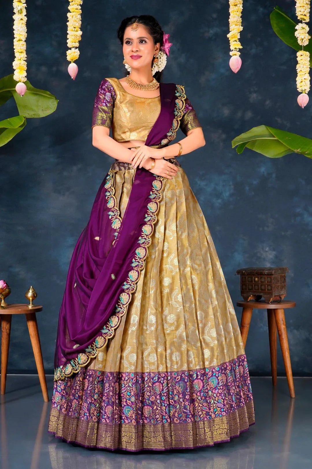 Peach Banarasi Silk Pattu Half Saree With Zari Work - Gajiwala