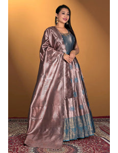 Peach Banarasi Silk Zari Woven Gown With Dupatta - Gajiwala