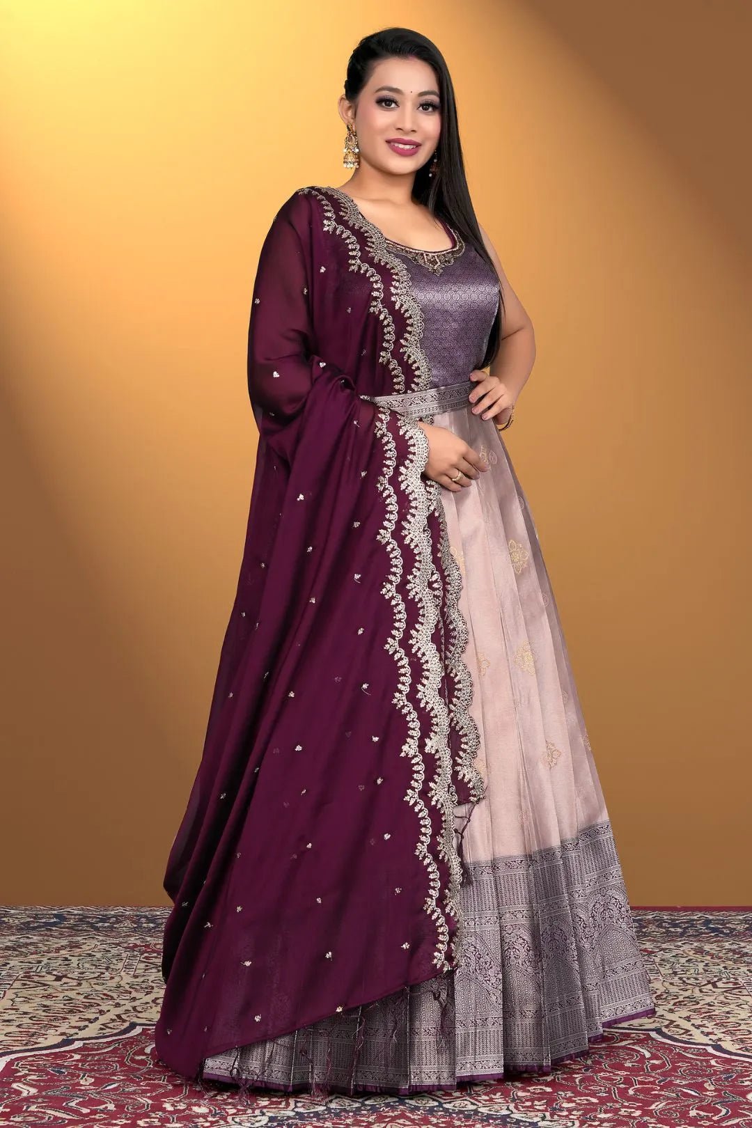 Peach Banarasi Silk Zari Woven Gown With Dupatta For Women - Gajiwala