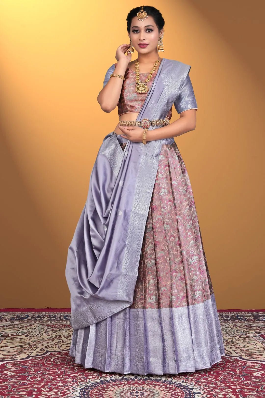 Peach Banarasi Zari Silk Half Saree With For Women - Gajiwala