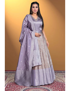 Peach Designer Banarasi Gown With Dupatta - Gajiwala