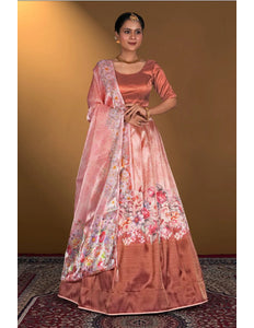 Peach Digital Printed Satin Lehenga With Chinnon Dupatta - Gajiwala
