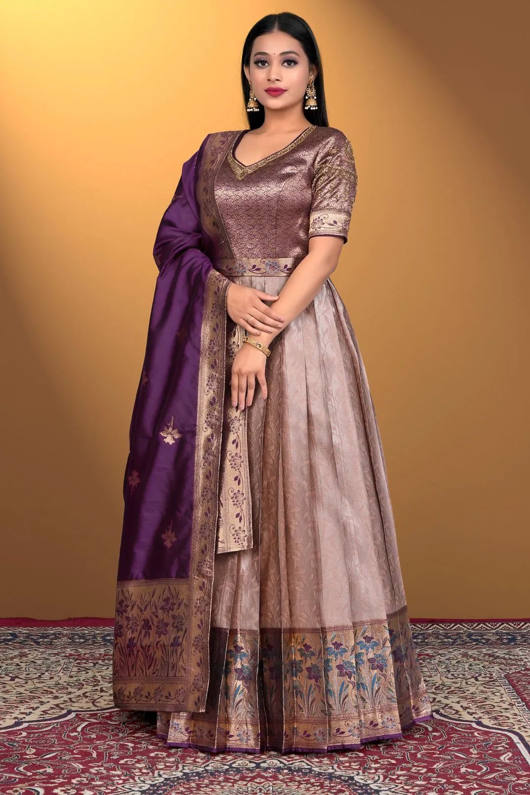 Peach Long Gown Banarasi Silk Zari Weaving - Gajiwala