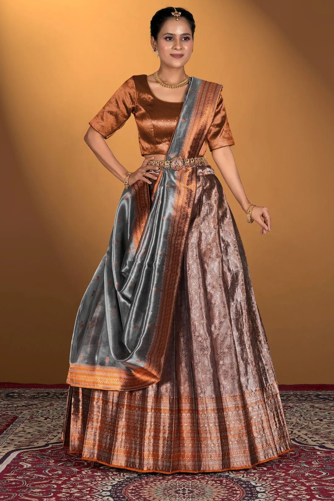 Peach Pure Two Tone Zari Tissue Lehenga Choli - Gajiwala