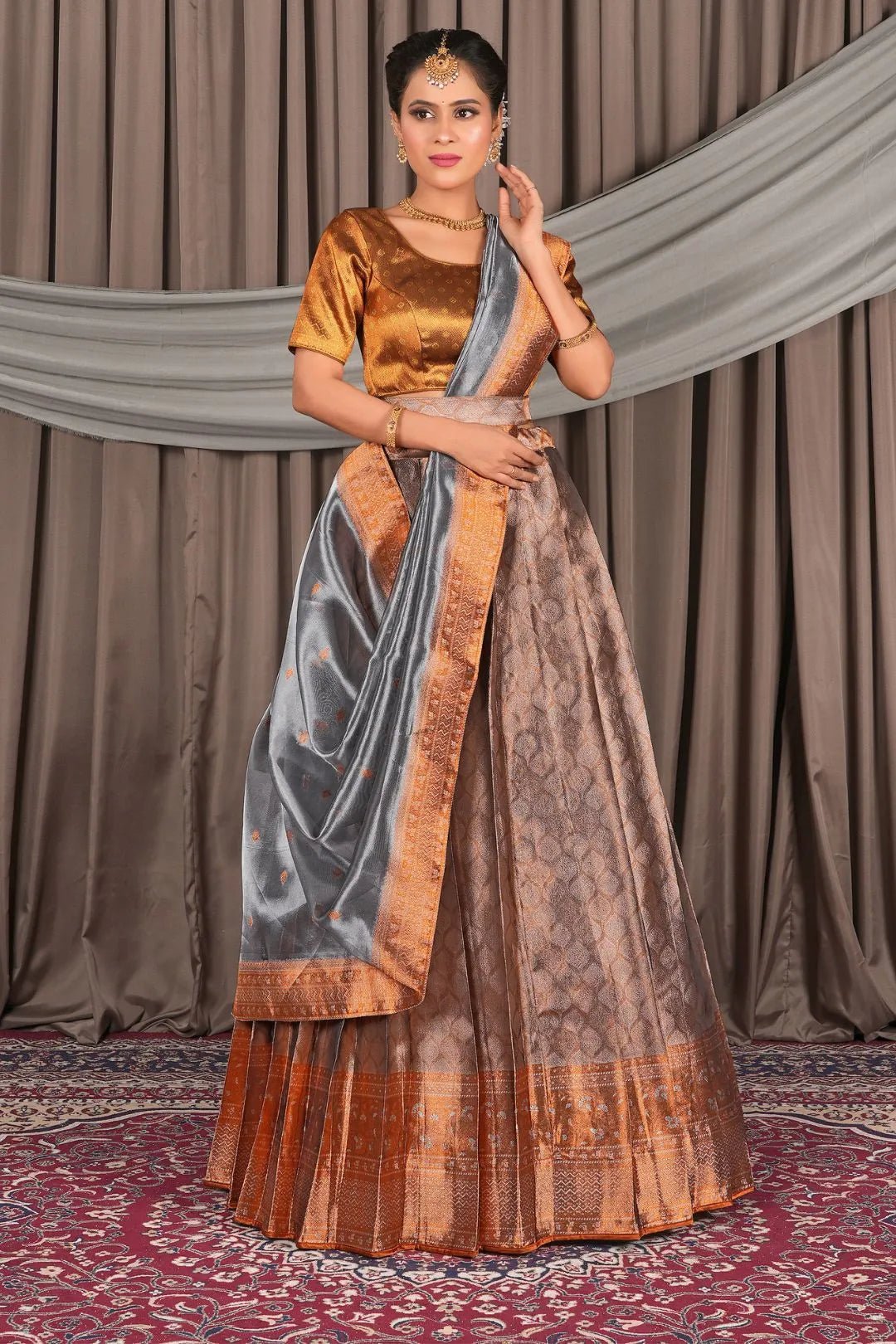 Peach Pure Two Tone Zari Tissue Pattu Half Saree For Women - Gajiwala