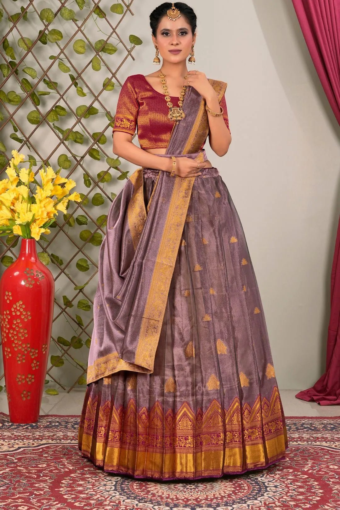 Peach Tissue Silk Lehenga Choli with Dupatta For Women - Gajiwala