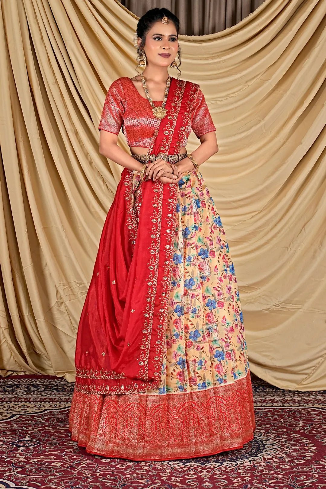 Peach Tissue With Digital Print Lehenga Choli For Women - Gajiwala