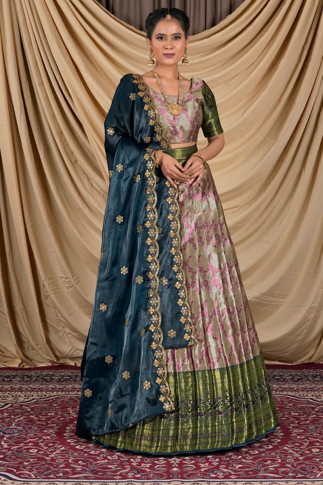 Peach Zari Silk Pattu Lehenga Choli With Zari Woven - Gajiwala