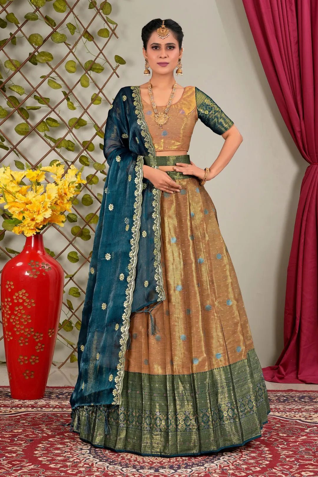 Peach Zari Silk Semi - Stitched Lehenga For Women - Gajiwala