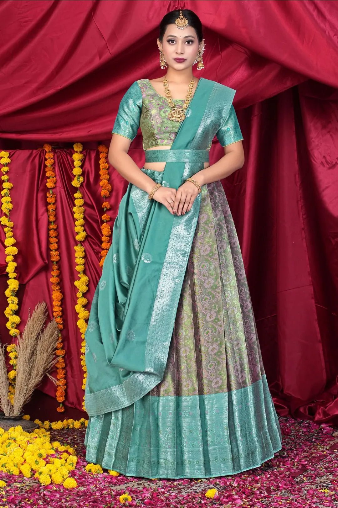 Pink Banarasi Silk Half Saree With Zari Weaving - Gajiwala