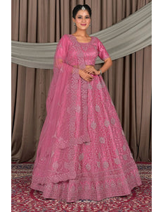 Pink Embroidered Bridesmaid Lehenga Choli In Net - Gajiwala