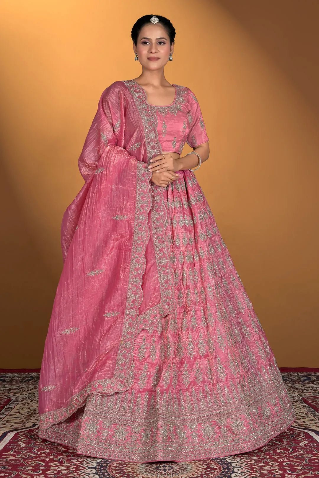Pink Gold Crush Embroidery Lehenga Choli For Women - Gajiwala