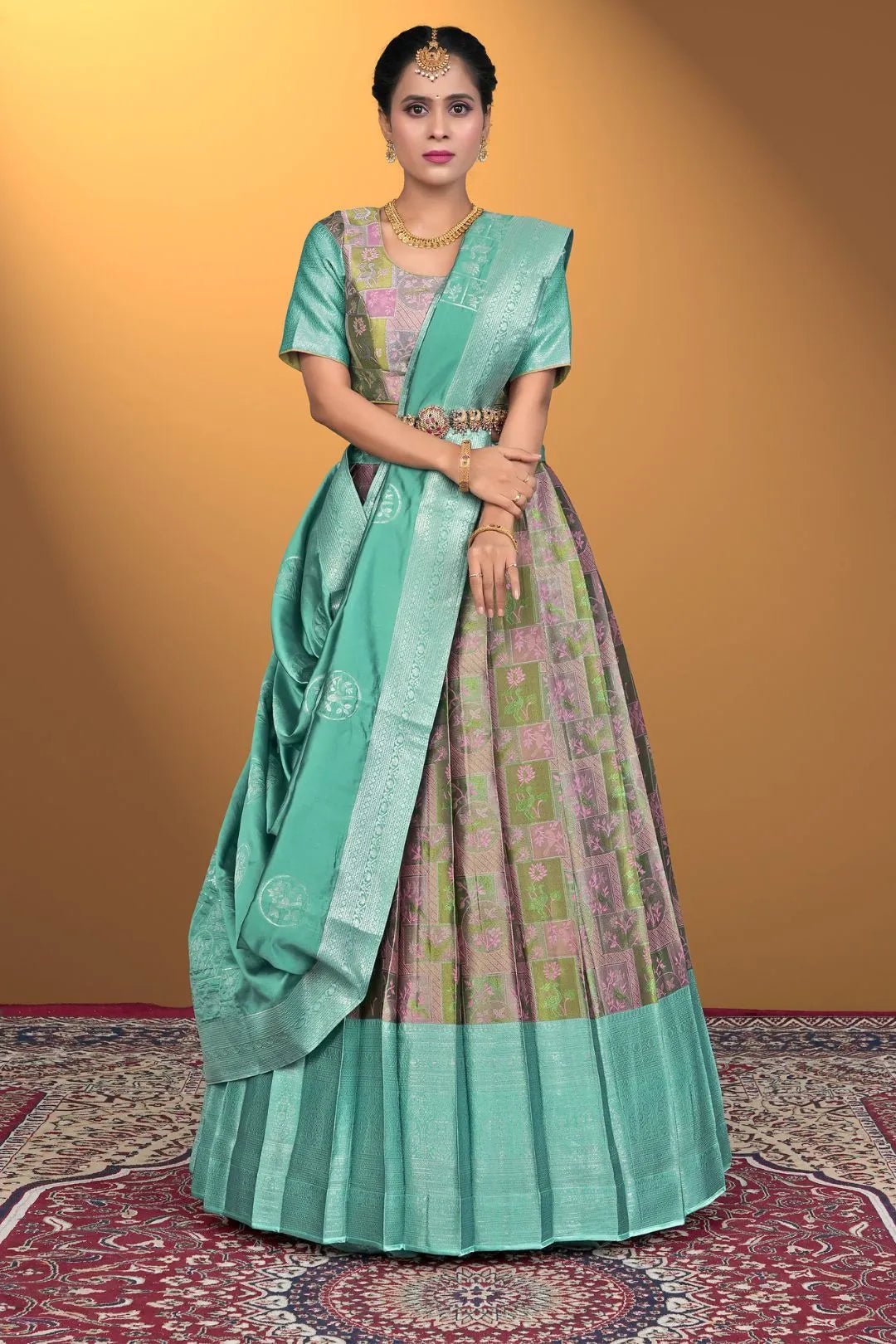 Pink Jacquard Fabric Half Saree With Digital Print - Gajiwala