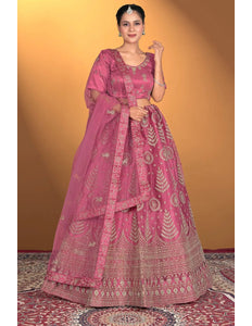 Pink Net Lehenga Choli For Women With Embroidery Work - Gajiwala