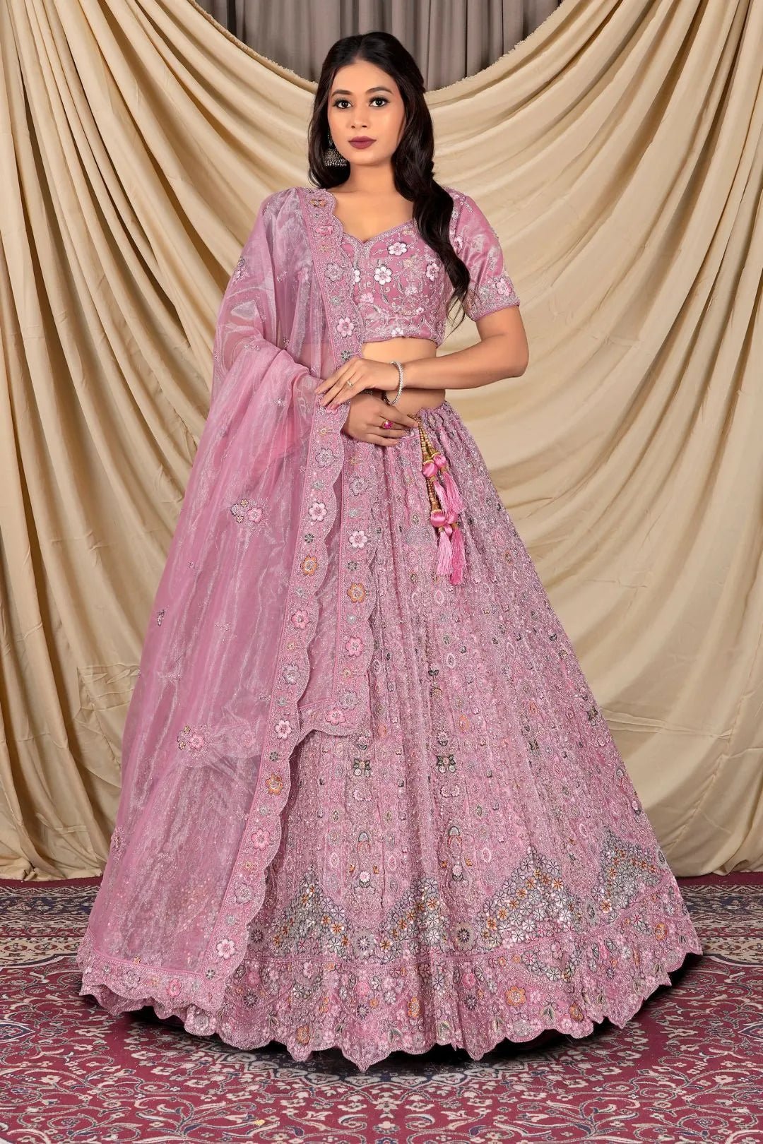 Pink Party Wear Embroidered Twill Net Lehenga Choli For Women - Gajiwala