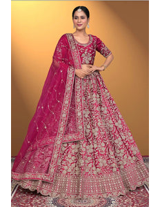 Pink Velvet Lehenga Choli With Net Dupatta For Women - Gajiwala