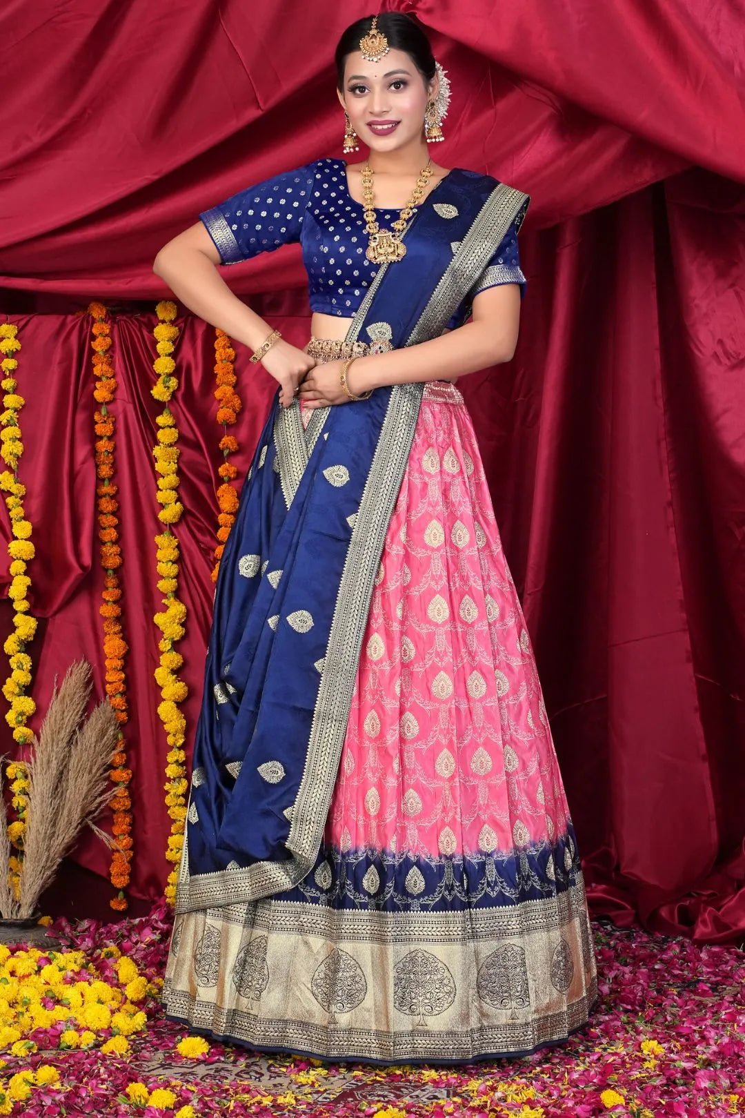 Pink Viscose Silk Half Saree With Zari Work - Gajiwala