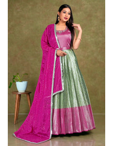 Pista Banarasi Long Frock With Dupatta For Women - Gajiwala