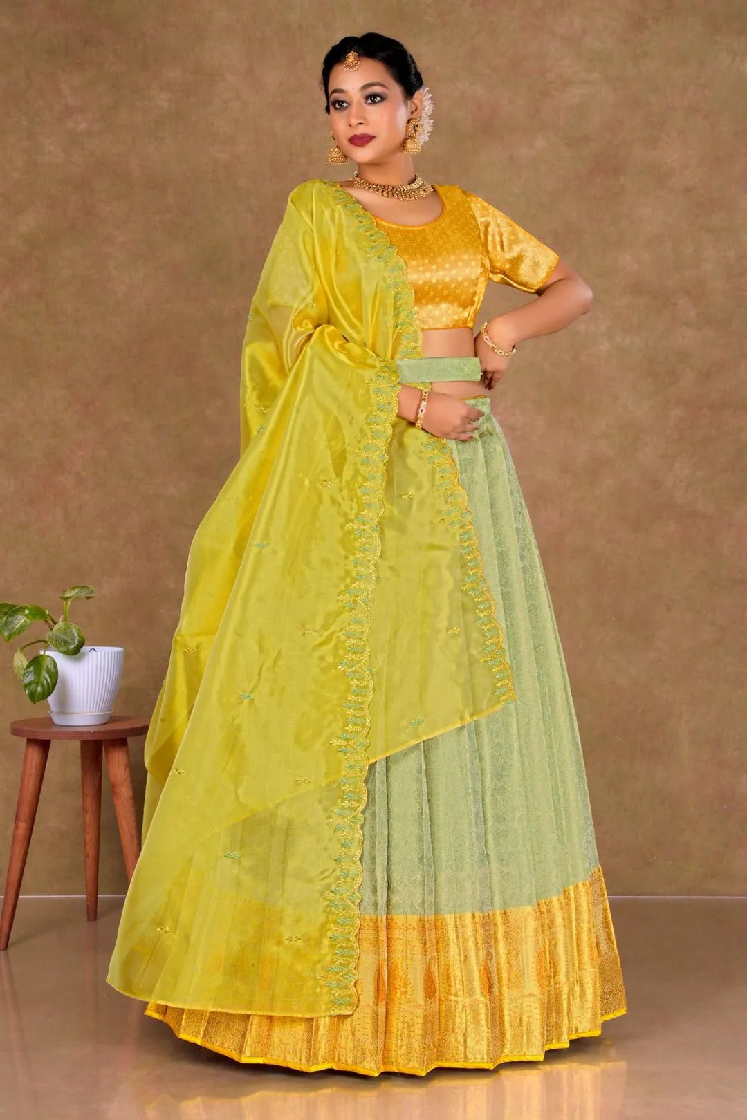 Pista Banarasi Silk Lehenga Choli With Zari Woven - Gajiwala