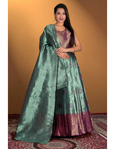 Pista Banarasi Silk Zari Woven Gown With Dupatta - Gajiwala