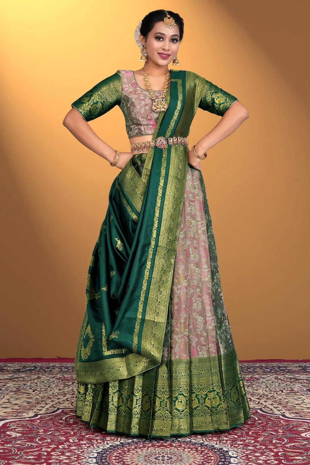 Pista Banarasi Zari Silk Half Saree For Women - Gajiwala