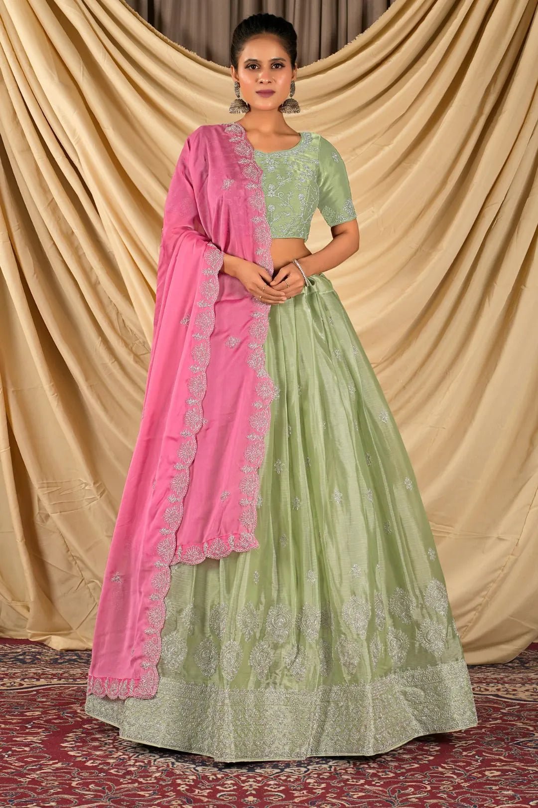 Pista Barbery Silk Lehenga Choli With Rangoli Dupatta - Gajiwala