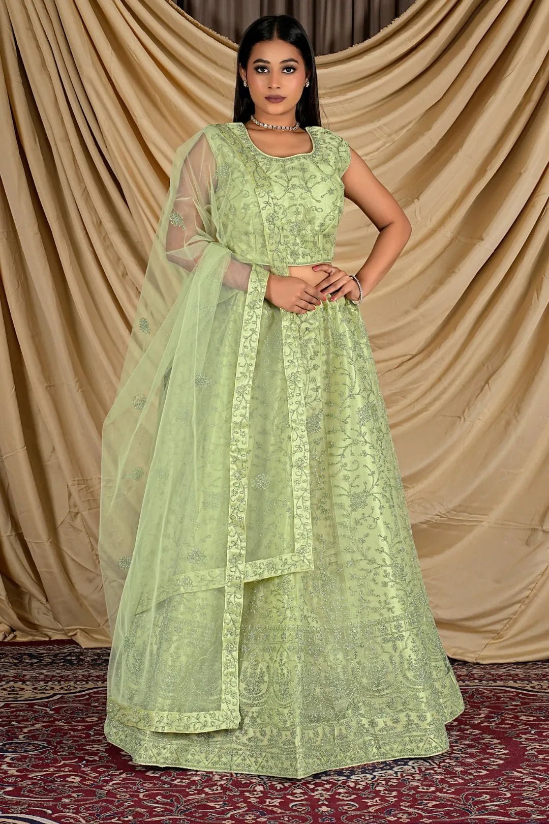 Pista Colour Net Crop Top Lehenga Choli - Gajiwala