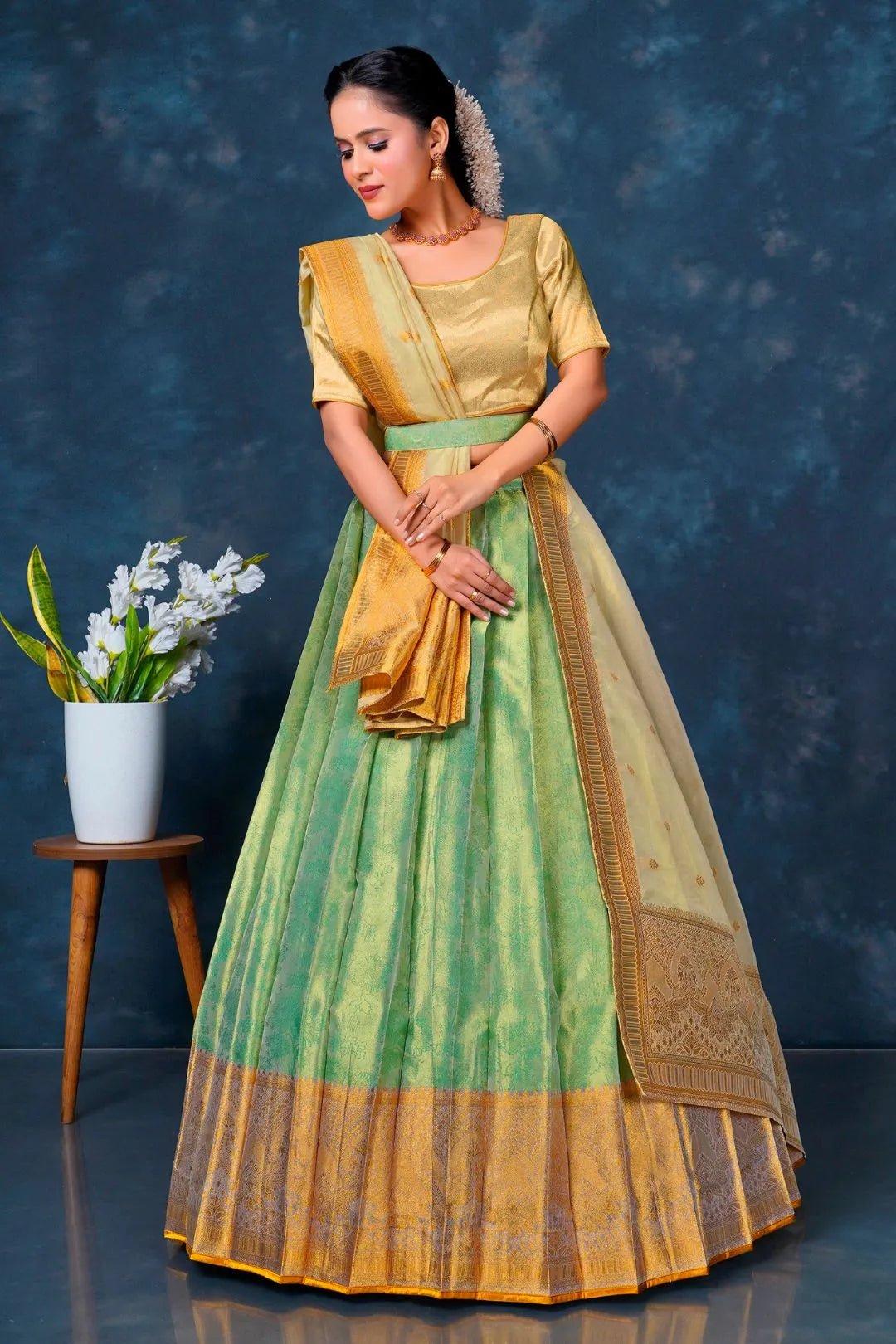 Pista Designer Lehenga Choli in Tissue Silk For Women - Gajiwala